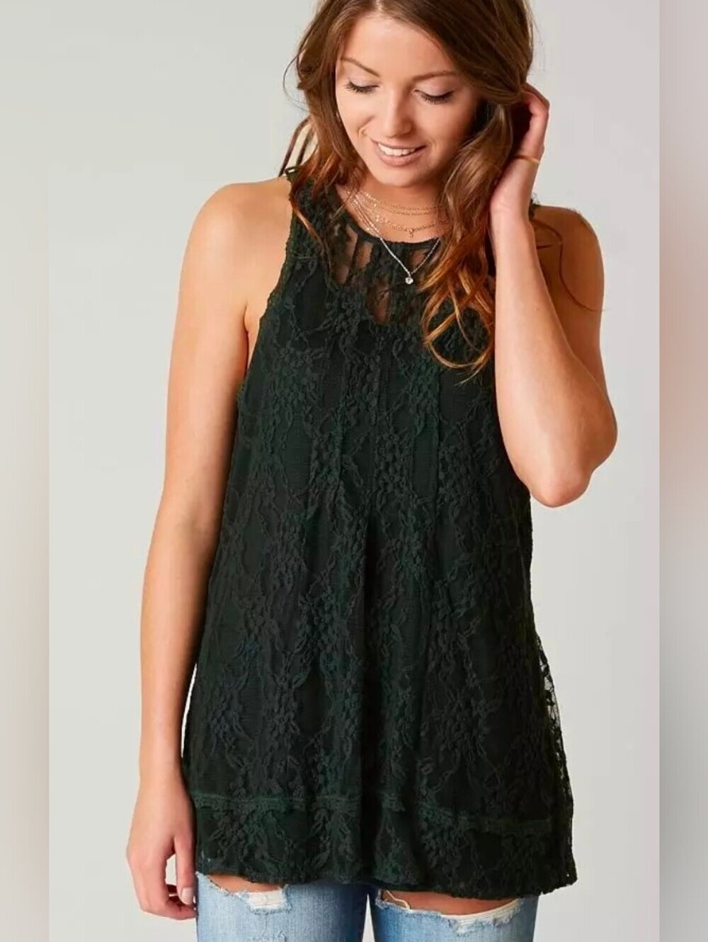 BKE Green Lace Halter Tank